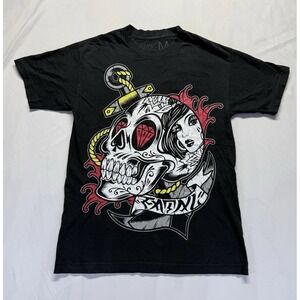 Fatal Skull Graphic T-shirt Men's M black Tattoo Art tee Diamond‎ Light Stains
